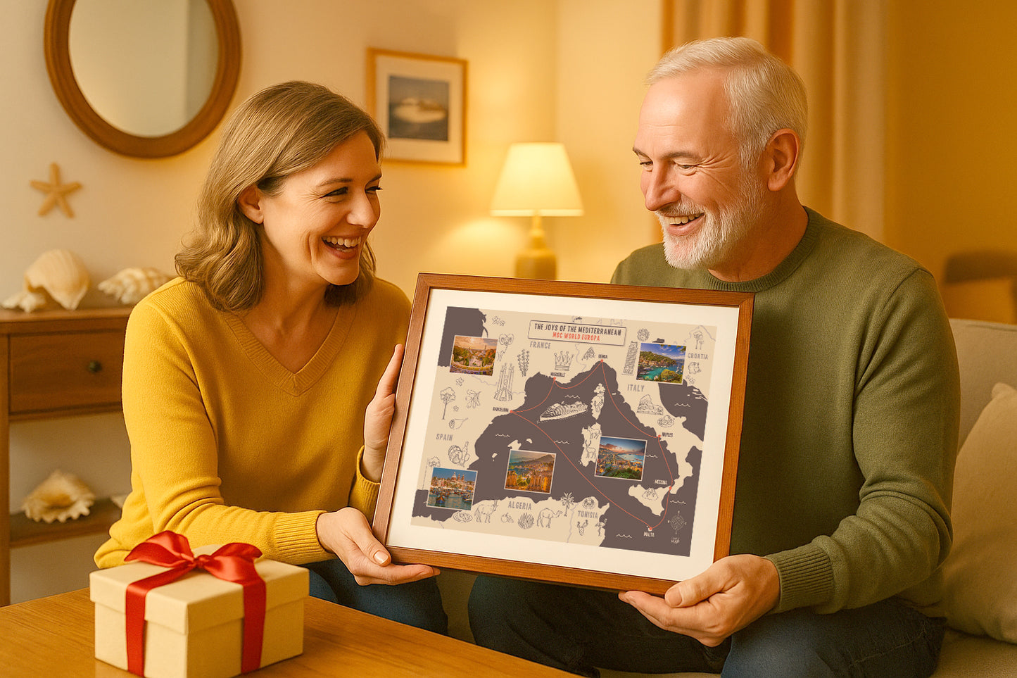 Wandposter MSC World Europa: Westliche Mittelmeerroute 2024 | Illustrierte Wandkarte 