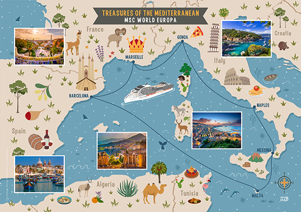 Wandposter MSC World Europa: Westliche Mittelmeerroute 2024 | Illustrierte Wandkarte 