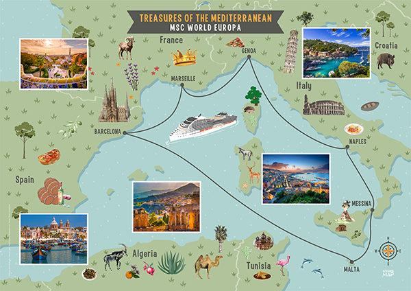 Wandposter MSC World Europa: Westliche Mittelmeerroute 2024 | Illustrierte Wandkarte 