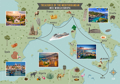 Wandposter MSC World Europa: Westliche Mittelmeerroute 2024 | Illustrierte Wandkarte 