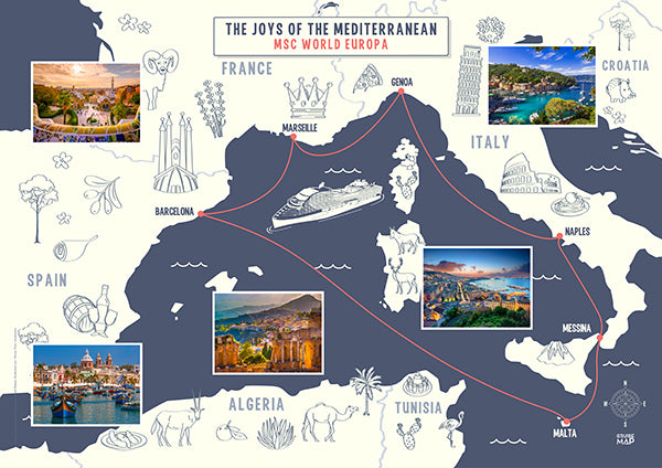 Wandposter MSC World Europa: Westliche Mittelmeerroute 2024 | Illustrierte Wandkarte 