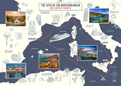 Wandposter MSC World Europa: Westliche Mittelmeerroute 2024 | Illustrierte Wandkarte 