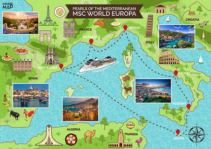 Wandposter MSC World Europa: Westliche Mittelmeerroute 2024 | Illustrierte Wandkarte 