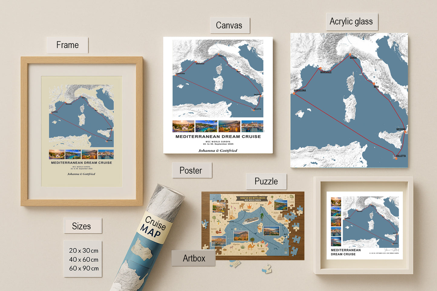 Wandposter MSC World Europa: Westliche Mittelmeerroute 2024 | Illustrierte Wandkarte 