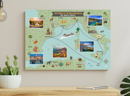 Wandposter MSC World Europa: Westliche Mittelmeerroute 2024 | Illustrierte Wandkarte 