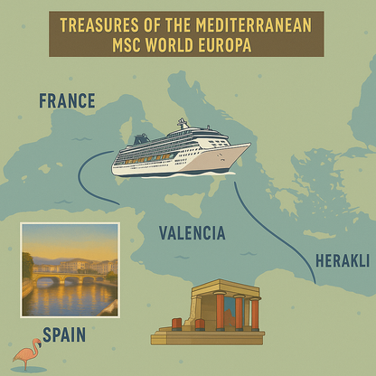 Wandposter MSC World Europa: Westliche Mittelmeerroute 2024 | Illustrierte Wandkarte 